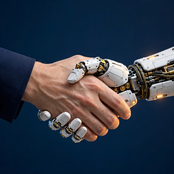 A human hand shaking a robot hand — the AI Operator mark